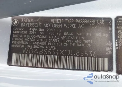 2001 BMW 330Ci from USA, damaged, VIN WBABS534X1JU83536